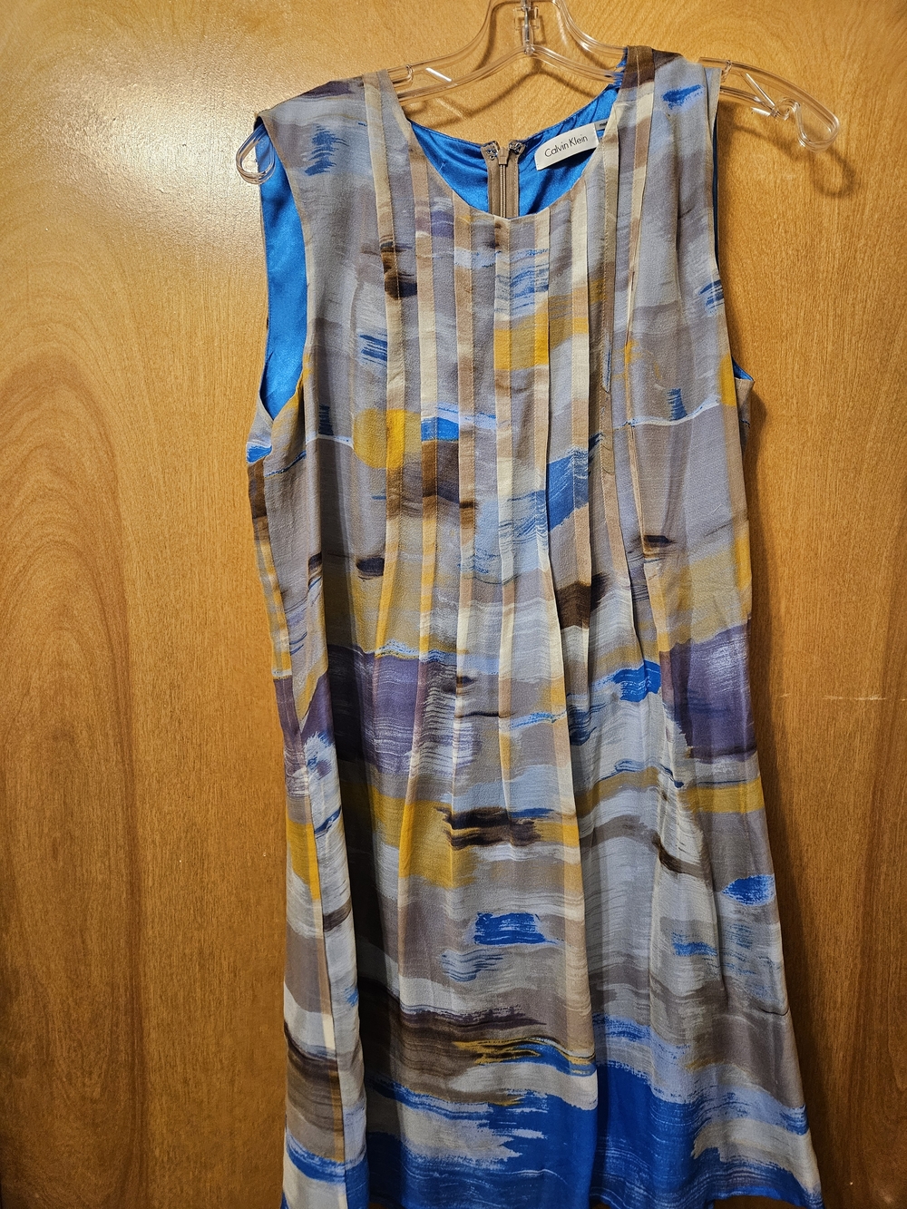Calvin Klein Blue, Gray & Mustard Brushstroke Pleated Midi Dress